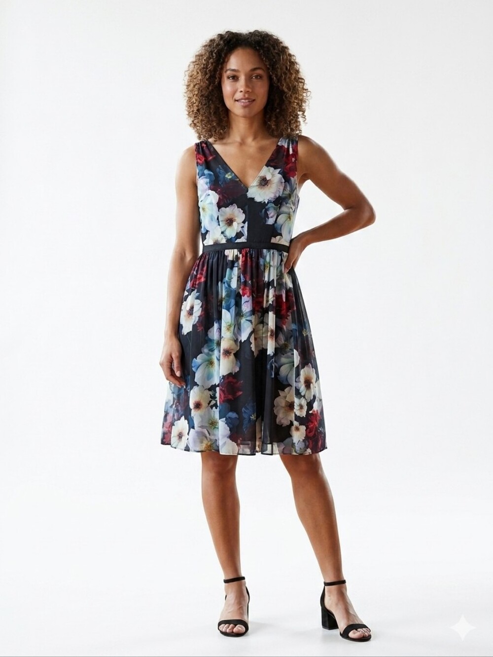 Maggy‎ London Floral Sleeveless Chiffon V-Neck A-Line Dress Black Size 4
